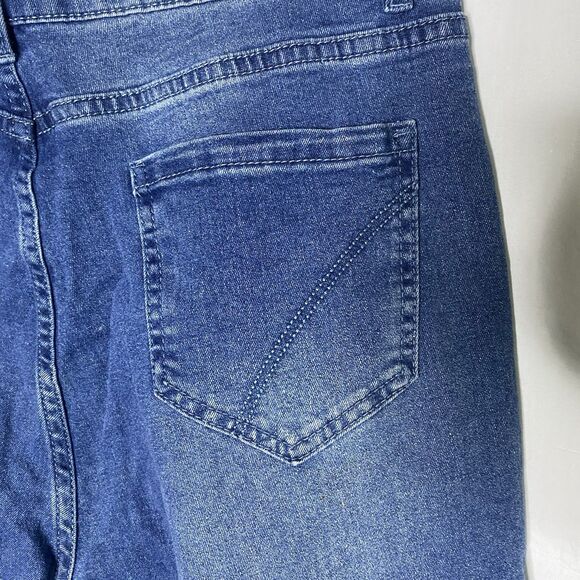 Womens Jeans Button Fly Distressed Cuffed Hem Cropped High Rise Denim Dark L - Picture 8 of 8